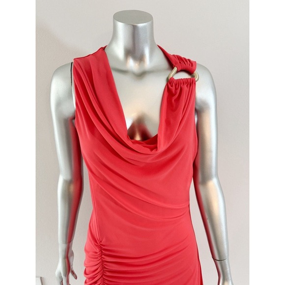Halston Heritage stretch Dress Cowl Neck Ruched Golden Detail - Picture 2 of 14
